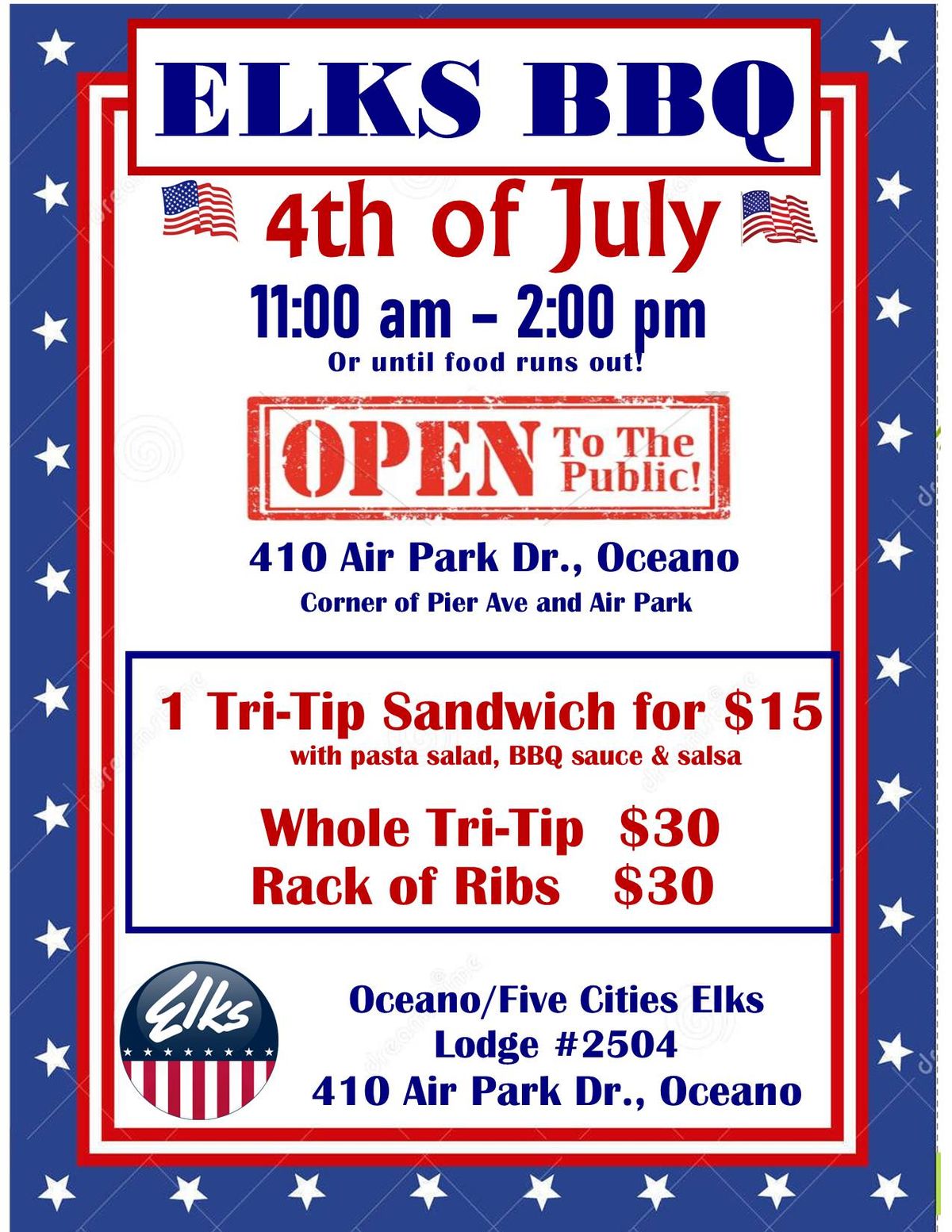 Elks BBQ - OPEN TO THE PUBLIC | 410 Air Park Dr, Oceano, CA, United ...